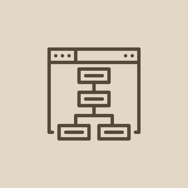 Vector illustration of a sitemap, boxes with text connected to each other by lines sitting inside of a browser window